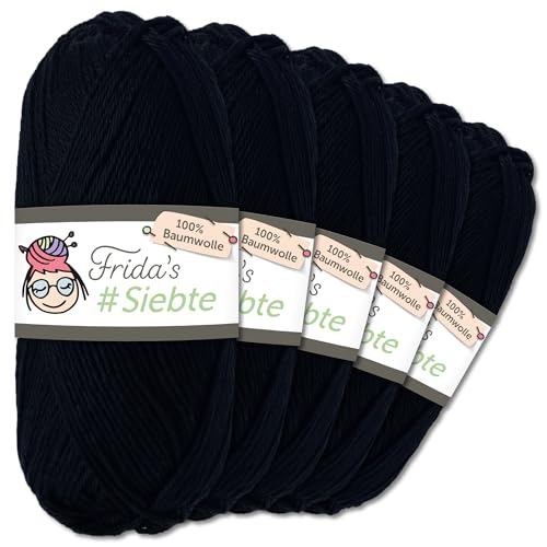Frida's Wollhaus 5 x 50 g Frida‘s #Siebte ägyptisches Baumwollgarn Stricken Häkeln Wolle 43 Farben (1215 | Schwarz) von Frida's Wollhaus