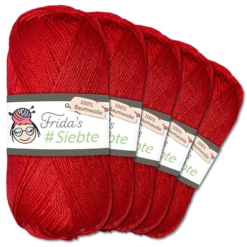 Frida's Wollhaus 5 x 50 g Frida‘s #Siebte ägyptisches Baumwollgarn Stricken Häkeln Wolle 43 Farben (1222 | Rot) von Frida's Wollhaus