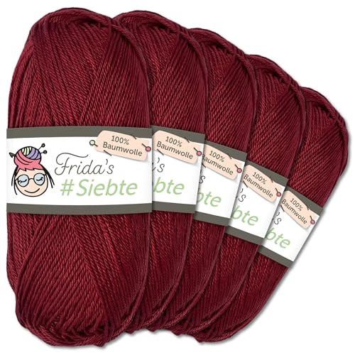 Frida's Wollhaus 5 x 50 g Frida‘s #Siebte ägyptisches Baumwollgarn Stricken Häkeln Wolle 43 Farben (1224 | Weinrot) von Frida's Wollhaus