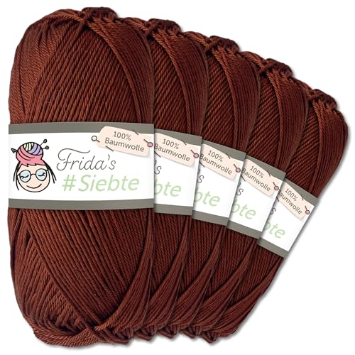Frida's Wollhaus 5 x 50 g Frida‘s #Siebte ägyptisches Baumwollgarn Stricken Häkeln Wolle 43 Farben (1226 | Braun) von Frida's Wollhaus