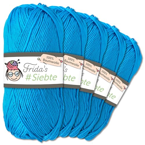 Frida's Wollhaus 5 x 50 g Frida‘s #Siebte ägyptisches Baumwollgarn Stricken Häkeln Wolle 43 Farben (1241 | Azurblau) von Frida's Wollhaus