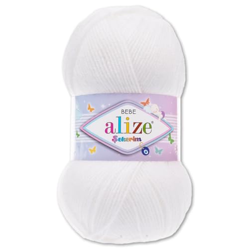 Frida's Wollhaus Alize 100 g Sekerim Bebe Babygarn Wolle Stricken Häkeln Acryl 43 Farben (055 | Weiß) von Frida's Wollhaus