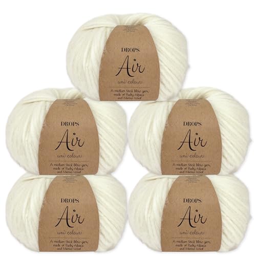Frida's Wollhaus Drops 5 x 50 g Air Stricken Häkeln Alpaka Schurwolle Alpaca Superweich 50 Farben (01 | Natur Uni) von Frida's Wollhaus