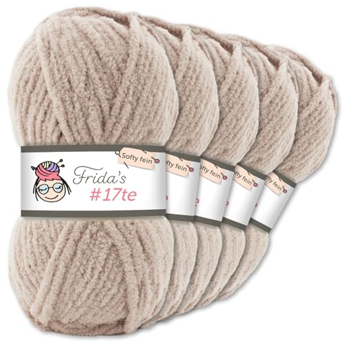 Frida's Wollhaus Frida‘s 5 x 100 g #17te Softy Fine Chenille Wolle Stricken Häkeln weich 29 Farben (115 | Beige) von Frida's Wollhaus
