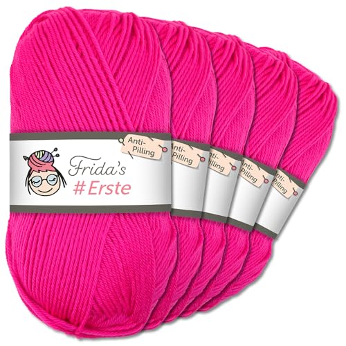 Frida's Wollhaus Frida's 5 x 100g #Erste Wolle Anti-Pilling fusselfreie Strick- & Häkelwolle Stricken Häkeln Garn (52 | Neonpink) von Frida's Wollhaus