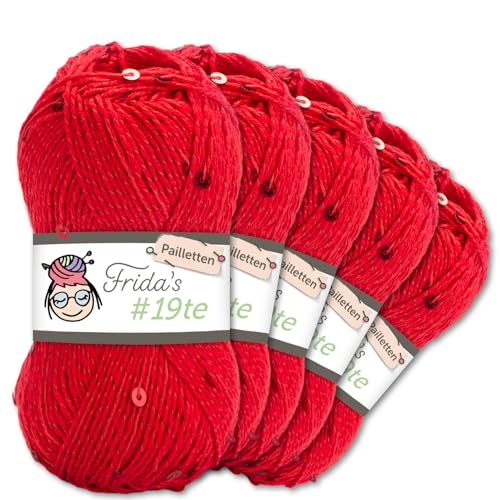Frida's Wollhaus Frida's 5 x 50 g #19te Pailletten Effektgarn Sommergarn Baumwolle Häkeln Stricken Wolle Garn 17 Farben (7115 | Rot) von Frida's Wollhaus