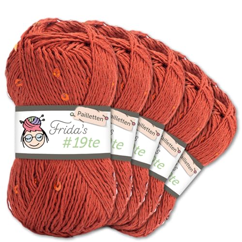 Frida's Wollhaus Frida's 5 x 50 g #19te Pailletten Effektgarn Sommergarn Baumwolle Häkeln Stricken Wolle Garn 17 Farben (7117 | Rostbraun) von Frida's Wollhaus