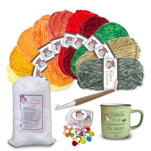 Frida's Wollhaus Frida's Garn-Set Herbst 34-teilig #Zweite Chenillegarn Wolle Tasse Häkelnadel Maschenmarkierer Füllwatte von Frida's Wollhaus