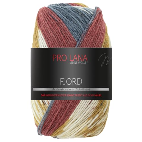Frida's Wollhaus Pro Lana 100 g Fjord Norweger-Muster Farbverlaufswolle Stricken Garn 14 Farben (93 | Rost-grau-senf-weiß) von Frida's Wollhaus