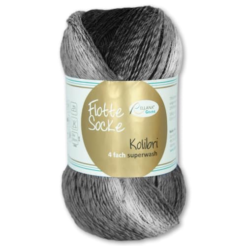 Frida's Wollhaus Rellana 100 g Flotte Socke Kolibri 4-fädig Sockenwolle 14 Farben (6201 | grau | schwarz) von Frida's Wollhaus