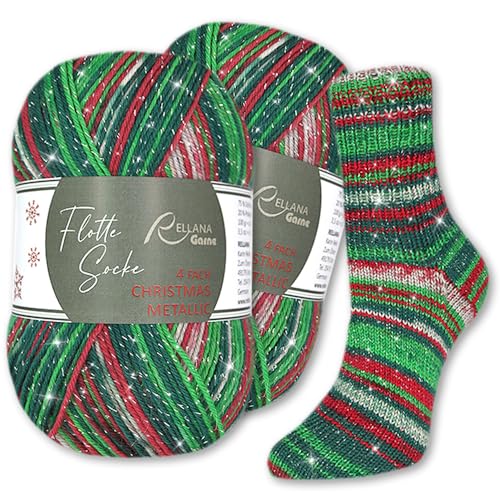 Frida's Wollhaus Rellana 2 x 100 g Flotte Socke Christmas Edition Metallic 2025 4-fädig Sockenwolle Glitzer Stricken Garn Wolle von Frida's Wollhaus