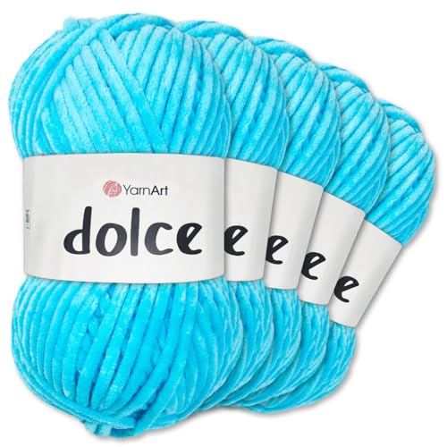 Frida's Wollhaus YarnArt 5 x 100 g Dolce Chenille Wolle Garn Stricken Häkeln Amigurumi 52 Farben (758 | Aquamarin) von Frida's Wollhaus
