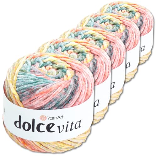 Frida's Wollhaus YarnArt 5 x 150 g Dolce Vita Chenille Farbverlauf Stricken Häkeln Wolle Garn samtig flauschig (3402) von Frida's Wollhaus