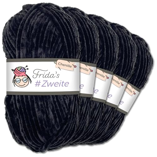 Frida`s #Zweite Wolle 5 x 100g Chenille Wolle Garn Amigurumi Stricken & Häkeln weich (11 - Schwarz) von Frida's Wollhaus