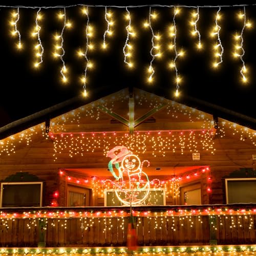 Eisregen Lichterkette Außen, 5 M 200 LED Warmweiß, IP44 Wasserdicht Außenbeleuchtung mit 8 Modi + Timer, Weihnachtsbeleuchtung für Haus, Balkon, Innen/Außen Deko für Hochzeit, Party (inkl. Stecker)‌ von Friedwohl