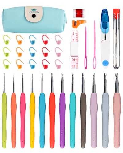 Häkelnadel Set 44 Stück, 12 Größe Häkelset für Anfänger Erwachsene Kinder, von 2 mm bis 8 mm, Häkel Set Stricknadeln mit Ergonomische Griff Häkel Zubehör Häkeltasche, Crochet Stricken Nadeln Kit von Friedwohl