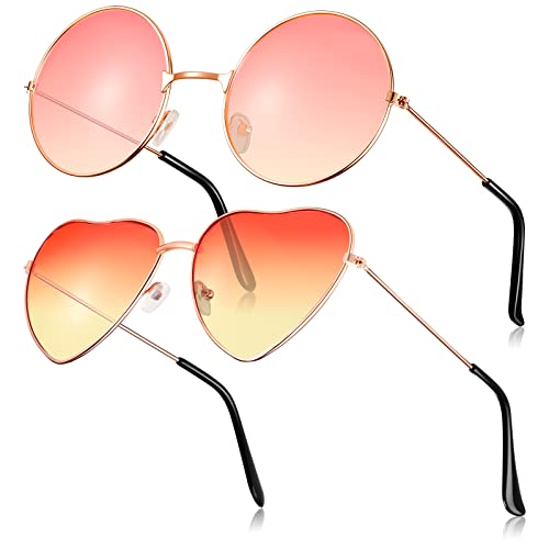 2 Paar Hippie Sonnenbrillen Retro Sonnenbrillen Hippie Kostüm Brillen Herren Damen Brillen (Rosa und Gelb, Rund/Herzform) von Frienda