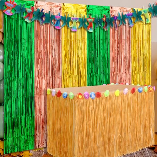 Frienda Hawaiianische Luau-Party-Dekorationen mit 2,7 m Tischrock, tropisches Seidenpapier, Blumengirlande, grün, rosa, gelb, Folien-Fransenvorhänge für Hawaii, Sommer, Strand, Tiki, Bar, tropisches von Frienda