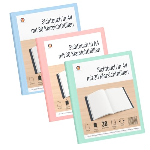 Friendly Fox 3x Sichtbuch A4 mit Klarsichthüllen, Set aus drei Präsentationsmappen, Dokumentenmappe A4 mit 30 Klarsichtfolien für 60 Sichten, Urkunden- oder Zeugnismappe in blau, mint und rosa von Friendly Fox