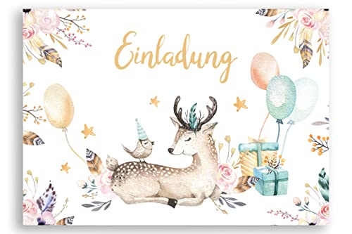 Friendly Fox Aquarell Reh Einladung, 12x Einladungskarten Rehkitz zum Kindergeburtstag, DIN A6 Einladungskarten mit Umschlag, Aquarell Karte Waldtiere von Friendly Fox