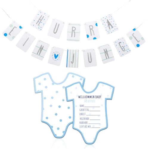 Friendly Fox Babyparty Deko & Spiele, Set für Baby Shower, 1x Hurra ein Junge Girlande und 1x Babyparty Spiele Junge von Friendly Fox