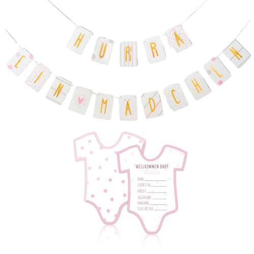 Friendly Fox Babyparty Deko & Spiele, Set für Baby Shower, 1x Hurra ein Mädchen Girlande und 1x Babyparty Spiele Mädchen von Friendly Fox