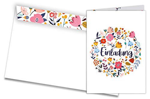 Friendly Fox Einladung Blumen, 12x Einladungskarten Hochzeit Geburtstag Taufe Kommunion Konfirmation, DIN A6 Klappkarten mit Umschlag von Friendly Fox