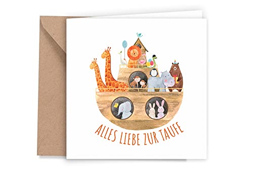 Friendly Fox Klappkarte Taufe Arche, 1x quadratische Taufkarte mit Umschlag, Karte zur Taufe Arche Noah von Friendly Fox