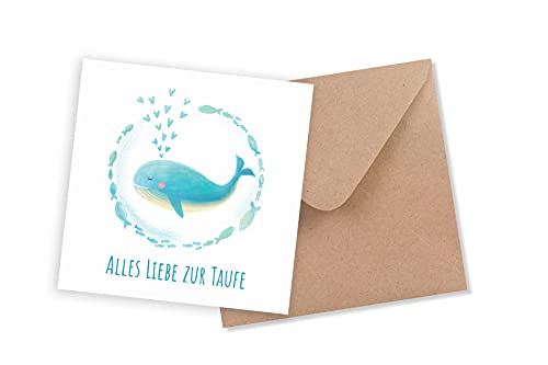 Friendly Fox Karte zur Taufe Wal, 1x quadratische Taufkarte mit Umschlag, zur Taufe kleiner Wal und Fische, Klappkarte von Friendly Fox