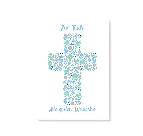 Friendly Fox Karte zur Taufe Kreuz, 1x Taufkarte mit Umschlag, zur Taufe Junge Blumen Kreuz, DIN A6 Klappkarte von Friendly Fox