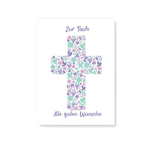Friendly Fox Karte zur Taufe Kreuz, 1x Taufkarte mit Umschlag, zur Taufe Mädchen Blumen Kreuz, DIN A6 Klappkarte von Friendly Fox