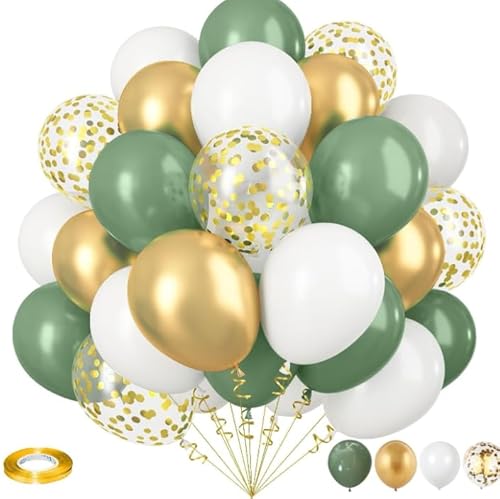62pcs 12 Inch Sage Green and Gold Balloons Set - Olive Green White Balloon with Metallic Gold Confetti Latex Balloons Helium Balloon for Wedding, Baby Shower, Birthday Party Decorations, Anniversary von Frigg