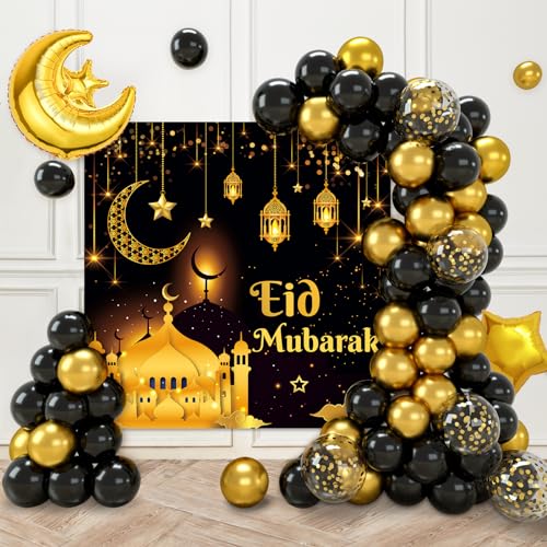 Schwarz Gold Eid Mubarak Ballons Set, Eid Mubarak Dekoration - 70 Stück Schwarz-Gold Ballons und 'Eid Mubarak' Hintergrund Banner, Ramadan ballons für Ramadan Dekoration 2024 und Eid Mubarak Feier von Frigg