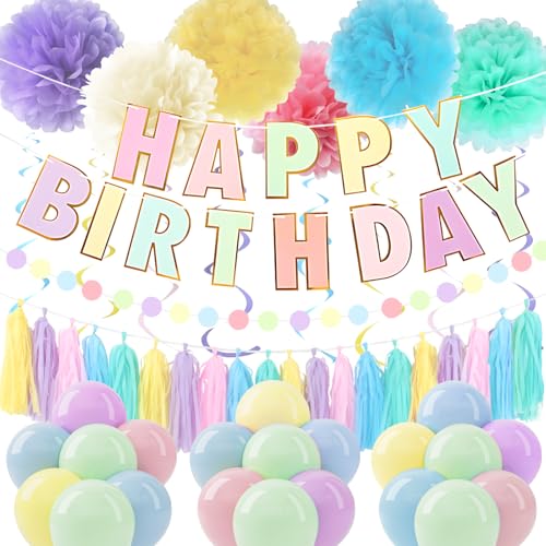 Macaron Pastell Geburtstagsparty-Dekorationen für Frauen und Mädchen mit Happy Birthday-Banner, Papierquaste, Seidenpapier-Pompons, hängende Wirbel, Kreis-Girlande, Pastellballons für Party-Dekoration Macaron Pastell Geburtstagsparty-Dekorationen für Frauen und Mädchen mit Happy Birthday-Banner, Papierquaste, Seidenpapier-Pompons, hängende Wirbel, Kreis-Girlande, Pastellballons für Party-Dekoration von Frigg