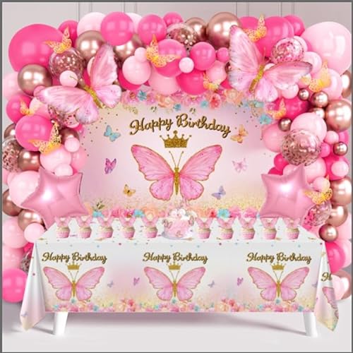 Luftballon Girlande Rosa Geburtstagsdeko Mädchen, Luftballons pink, Rosegold und Schmetterling, Backdrop und Tischdecke Rosa Schmetterling, Ballon Girlande Rosa für Babyparty, Baby Shower, Hochzeit von Frigg