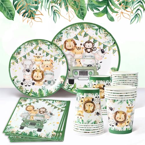 Serves 24 - Driving Animal Greens Dinnerware, Baby Shower Geschirr Set mit Grün Pappteller, Servietten, Party Becher, Safari Einweggeschirr für Wild One Geburtstag, Babyparty, Taufe Deko, Dino Party Serves 24 - Driving Animal Greens Dinnerware, Baby Shower Geschirr Set mit Grün Pappteller, Servietten, Party Becher, Safari Einweggeschirr für Wild One Geburtstag, Babyparty, Taufe Deko, Dino Party von Frigg