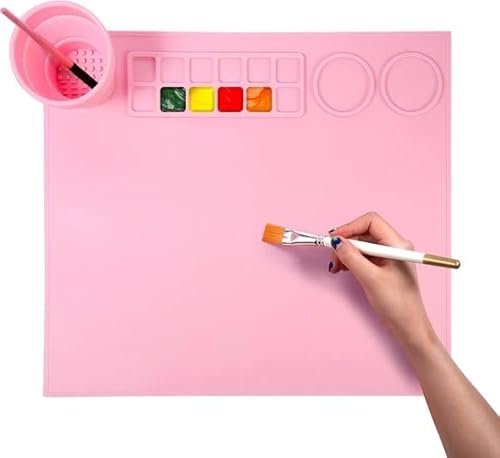 Silikon-Bastelmatte, Kinder-Silikon-Kunstmatte mit faltbarem Becher- und Pinselhalter, Farbtrenner, wiederverwendbar - ARTMAT Rosa von Frilla