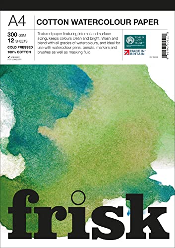 Frisk Aquarellpapierblock, 300 g/m², 100% Baumwolle, kaltgepresst, nicht 12 Blatt, A4 von Frisk
