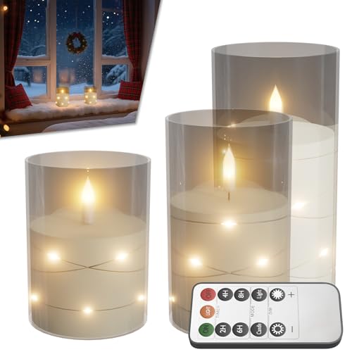 Froadp LED Kerzen 3er Set, Flammenlose Elektrische Kerzen mit Lichterkette & Fernbedienung, Höhen 10/12,5/15 cm, Transparent, Deko Kerzen für Zuhause, Wohnzimmer & Festlichkeiten von Froadp
