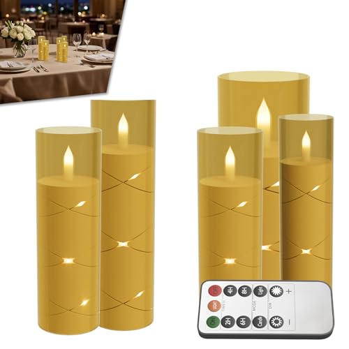 Froadp LED Kerzen 5er Set, Flammenlose Elektrische Kerzen mit Lichterkette & Fernbedienung, Höhen 14/16/18/20 cm, Gold, Deko Kerzen für Zuhause, Wohnzimmer & Festlichkeiten von Froadp
