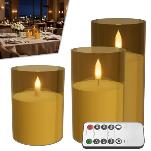 Froadp LED Kerzen mit Timerfunktion 3er-Set Flammenlose Kerzen mit Fernbedienung Batteriebetriebene Kerzen im Glas Dekorationen für Schlafzimmer Wohnzimmer Tischplatten, Gold von Froadp