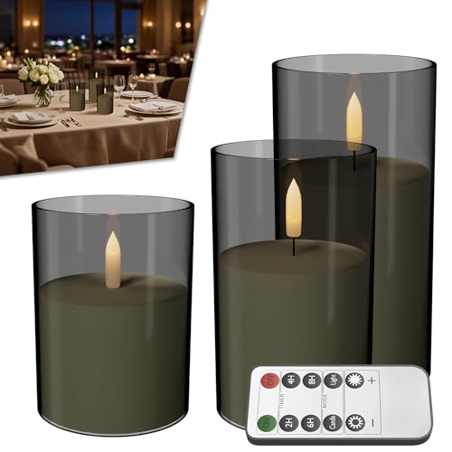 Froadp LED Kerzen mit Timerfunktion 3er-Set Flammenlose Kerzen mit Fernbedienung Batteriebetriebene Kerzen im Glas Dekorationen für Schlafzimmer Wohnzimmer Tischplatten, Grau von Froadp