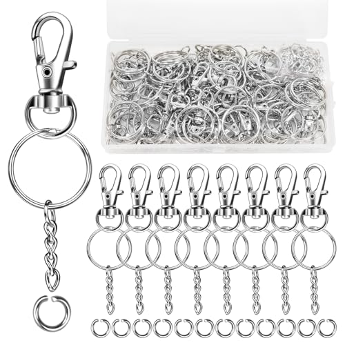 150 Stück Schlüsselanhänger Set 50 Schlüsselring mit Kette 50 Offene Binderinge 50 Karabinerhaken mit Drehgelenk Karabiner Schlüsselanhänger für DIY Kunsthandwerk Schmuck machen(Silber) von Froasia