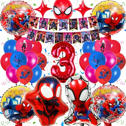 Spiderma Geburtstagsdeko 3 Jahre, Spider Kindergeburtstag Deko, Frotox 32 StüCk Spider Deko Geburtstag Set, Kit Party Geburtstag Deko 3 Jahre mit 3D Folienballon Girlanden für Junge MäDchen von Frotox