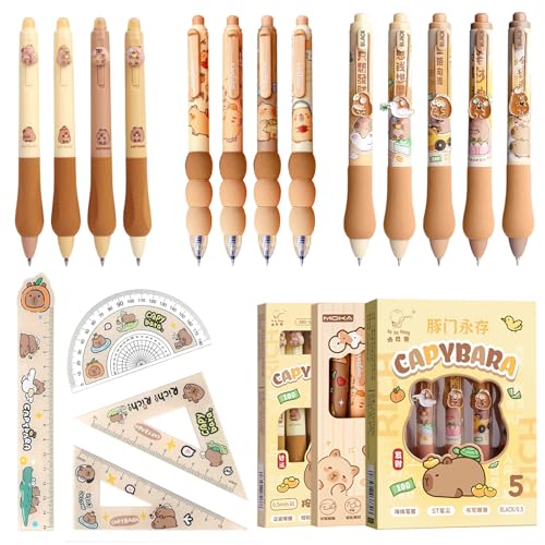 13 Stück Capybara Stifte Set und 4 Capybara Lineale,8 Radierbare Kugelschreiber 5 Gelschreibe 0,5 mm Tintenroller Einziehbare Stifte Capybara Schreibwarenset Sachen für Schule Büro Motto Party von Frstem