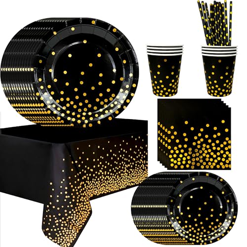 Party Geschirr Schwarz Gold,193pcs Schwarzgoldenes Geburtstag Party Geschirr-Pappteller Schwarz Gold Servietten etc Schwarz und Gold Partygeschirr von Fruitful Party