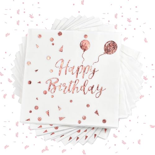 Frundoo 40 Stück Rote Geburtstags-Servietten mit Ballons, 33 x 33 cm, 3-lagig, Papierzellstoff, Roségoldenes Happy Birthday Konfetti, Eukalyptusfarben, Einmalgebrauch, Recycelbar von Frundoo