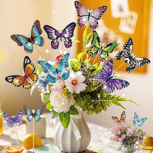 Frundoo Diamond Painting Schmetterling Set, 8 Stück Diamond Painting Kinder Erwachsene Gartendekoration für Draußen und Drinnen Balkon Deko, Basteln Kinder Diamont Painting Geschenke für Kinder von Frundoo