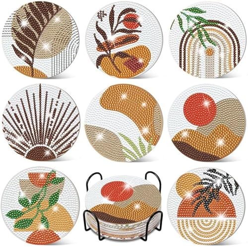 Frundoo Diamond Painting Untersetzer mit Halter, 8 Stück Diamant Tassenuntersetzer, Diamond Painting Erwachsene zum Basteln, DIY Orange Untersetzer rutschfest für Anfänger, Erwachsene & Kinder von Frundoo