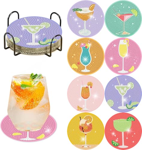 Frundoo Diamond Painting Untersetzer mit Halter, 8 Stück Diamant Tassenuntersetzer, Diamond Painting Erwachsene zum Basteln, DIY Weinglas Untersetzer rutschfest für Anfänger, Erwachsene & Kinder von Frundoo